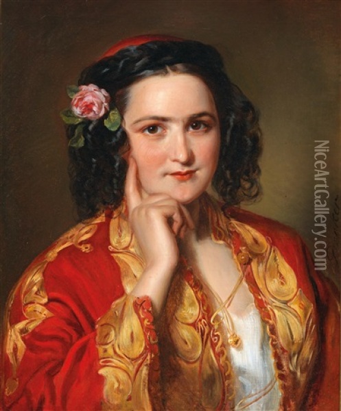 Portrait Of A Young Woman In Traditional Greek Costume Oil Painting - Georg Decker