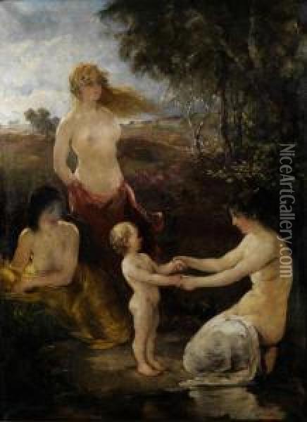 Drei Badende Madchen Mit Einem Knableinam Wasserufer In Landschaft Oil Painting - Hobbe Smith