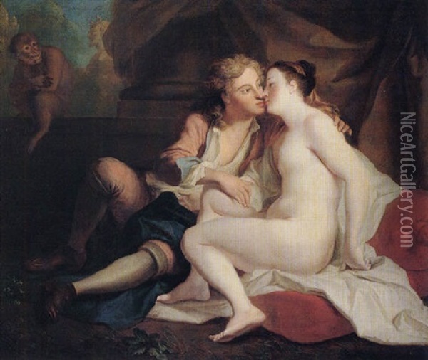 The Sense Of Touch: A Youth Kissing An Unclad Young Woman Oil Painting - Louis de Silvestre