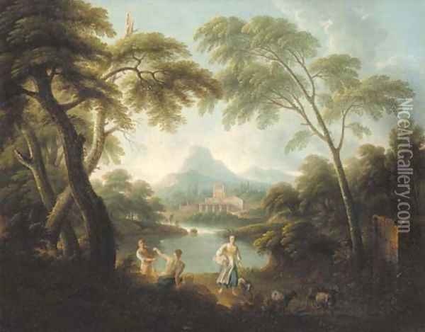 An Italianate river landscape with fishermen and a shepherdess Oil Painting - Andrea Locatelli