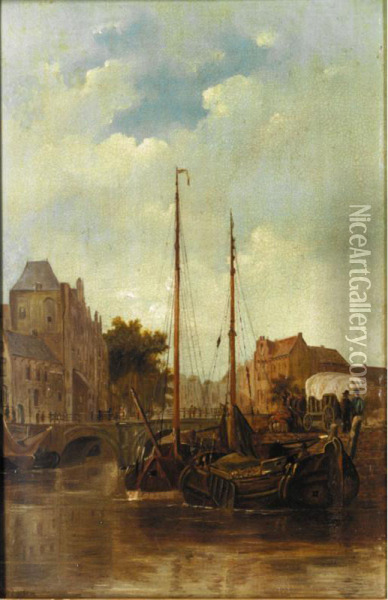 A Dutch Harbour Oil Painting - Cornelis Petrus 't Hoen