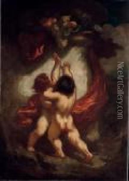 Les Deux Amours A La Draperie Rouge Oil Painting - Honore Daumier