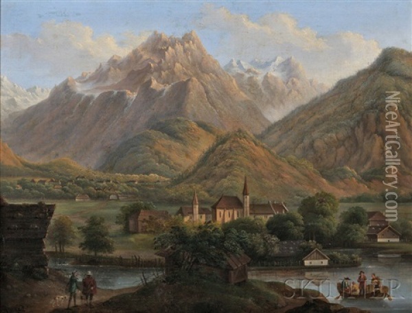 Mountain Valley With Church, River, And Distant Village Oil Painting - Marcus Pernhart