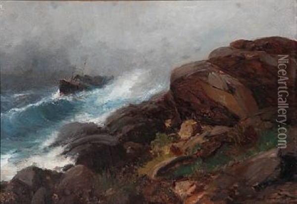 Rocky Coast With A Freight Ship In High Waves Oil Painting - Sigvald Simensen