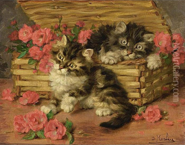 Playful Kittens Oil Painting - Daniel Merlin