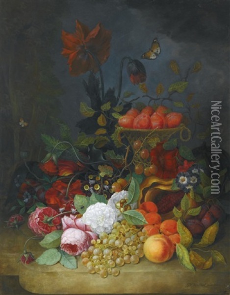 Still Life Of Roses And Other Flowers, With Plums In A Tall Basket, Grapes, Apricots And Gooseberries All Upon A White Marble Ledge, Two Butterflies Fluttering Oil Painting - Jan Frans Van Dael