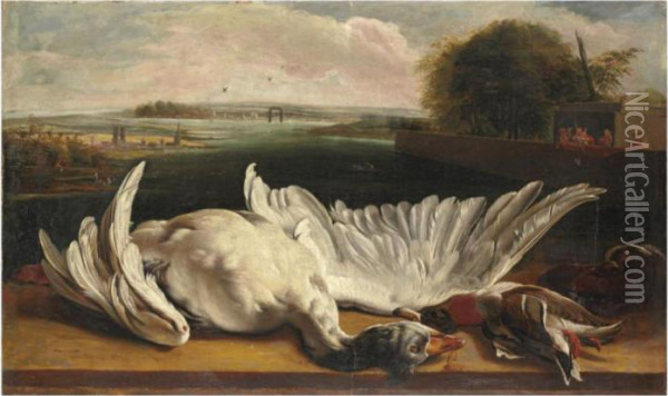 A Dead Swan And A Mallard On A Ledge Before An Extensive Riverlandscape Oil Painting - Jan Weenix