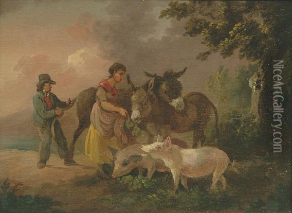 Figures Feeding Donkeys And Pigs Oil Painting - Julius Caesar Ibbetson