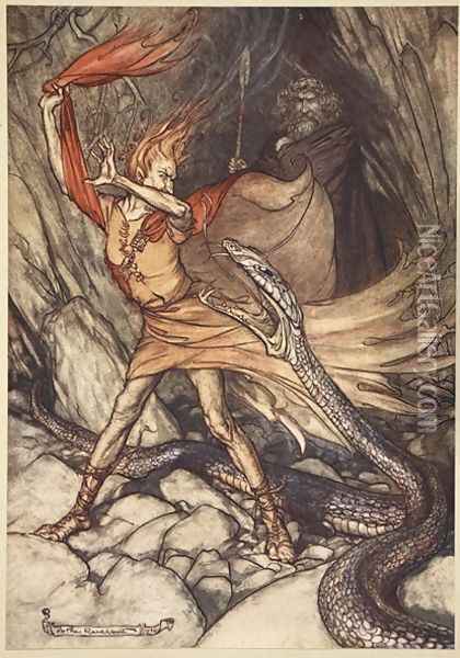 Ohe Ohe Horrible dragon, O swallow me not Spare the life of poor Loge, illustration from The Rhinegold and the Valkyrie, 1910 Oil Painting - Arthur Rackham