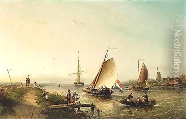 A River Scene With Sailing Vessels And Figures On A Riverbank Oil Painting - Nicolaas Riegen