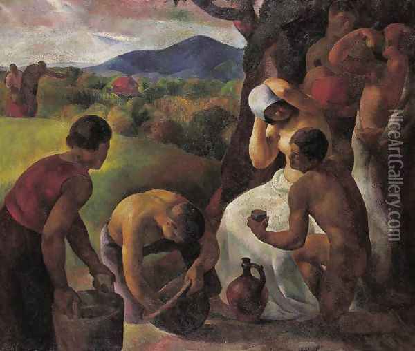 Rest in Harvesting Harvesters Rest Harvest Idyll 1925 Oil Painting - Karoly Patko