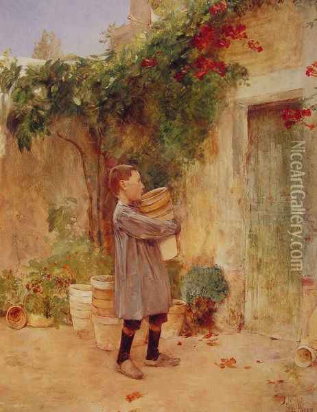 Boy with Flower Pots Oil Painting - Childe Hassam