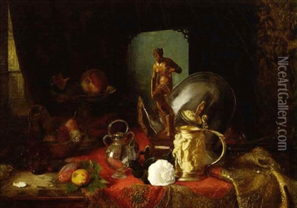 A Still Life With Fruit, Objets D'arts And A White Rose On A Table Oil Painting - Blaise Alexandre Desgoffe