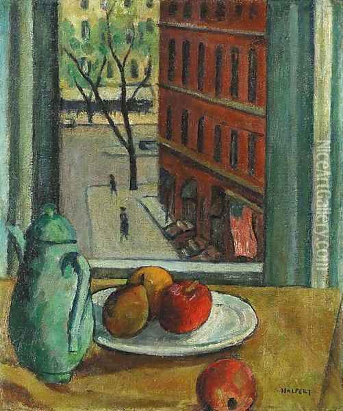 Still Life with Fruit with View of Street from Window Oil Painting - Samuel Halpert