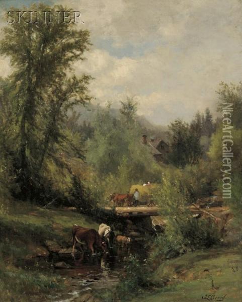 Cows Watering At A Stream Oil Painting - Samuel Lancaster Gerry