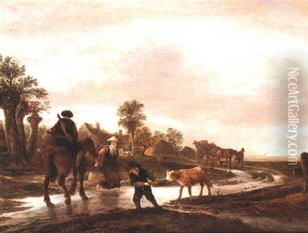 A Milkmaid Crossing A Waterlogged Track In Front Of A Man On A Horse, Whilst A Young Boy Struggles With A Calf, A Cart And Horse Led By A Man Beyond Oil Painting - Isaac Van Ostade