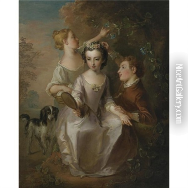 Portrait Of Three Children In A Landscape Oil Painting - Philip Mercier