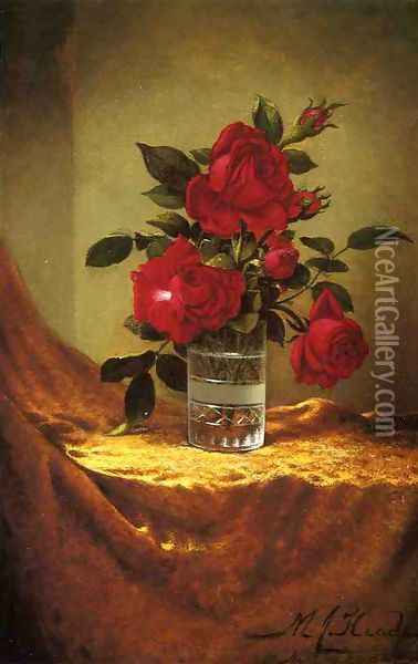 A Glass Of Roses On Gold Cloth Oil Painting - Martin Johnson Heade