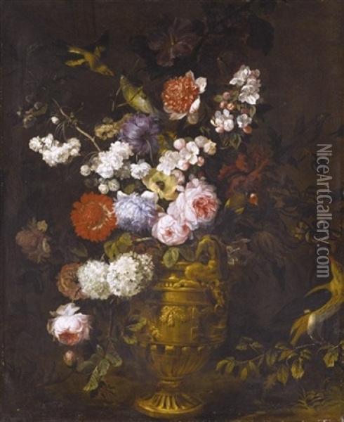 A Still Life Of Roses, Carnations, Hydrangeas And Other Flowers In A Classical Urn, With Birds Oil Painting - Jean-Baptiste Monnoyer
