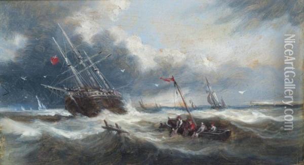 A Merchantman In Distress With Rescue At Hand Oil Painting - John Moore Of Ipswich