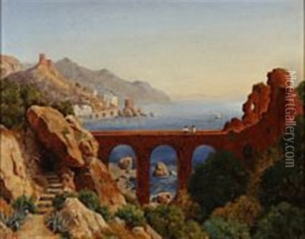 Italian Coastal Landscape With A Viaduct Oil Painting - Ernst Meyer
