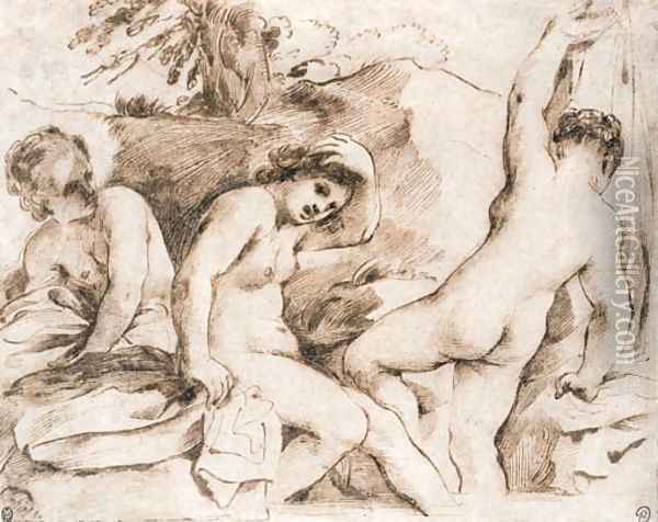 Three nymphs bathing in a mountain pool Oil Painting - Giovanni Francesco Barbieri