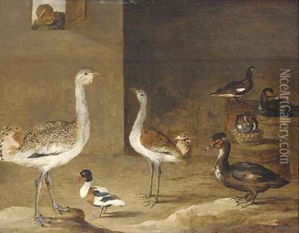 Fowl in a barn with a peasant at a window Oil Painting - David The Younger Teniers