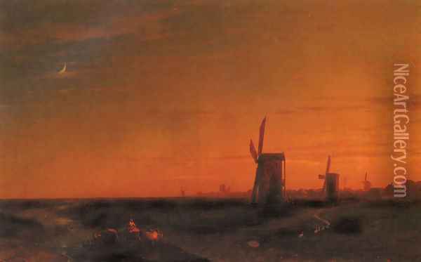 Landscape With Windmills Oil Painting - Ivan Konstantinovich Aivazovsky