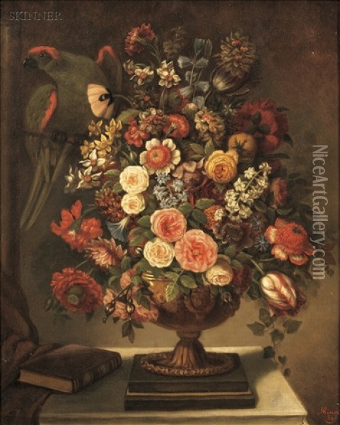 Floral Still Life With Parrot Oil Painting - Adolf D. Rinck