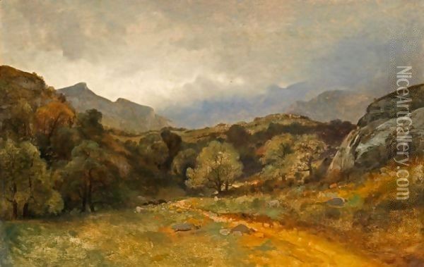 Prairie, Arbres, Chemin Au Pied Des Alpes Meadow, Trees, Path Beneath The Alps Oil Painting - Alexandre Calame