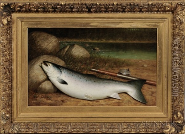 Trout, Rod And Reel On A Riverbank Oil Painting - Walter M. Brackett