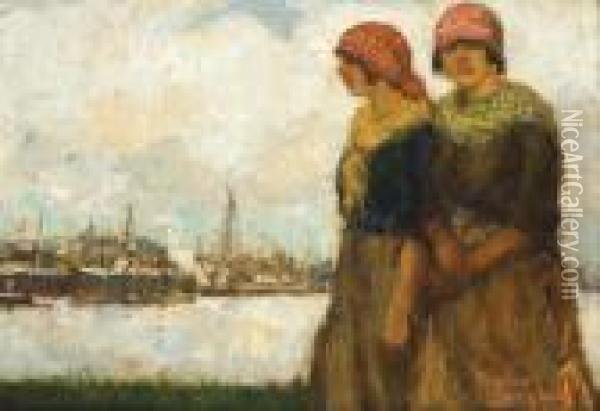 Twee Havenmeisjes Voor De Boten Van De Red Starlij Oil Painting - Eugeen Van Mieghem