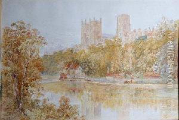 Cattle At The Riverbank Below Durham Cathedral Oil Painting - Thomas H. Hunn