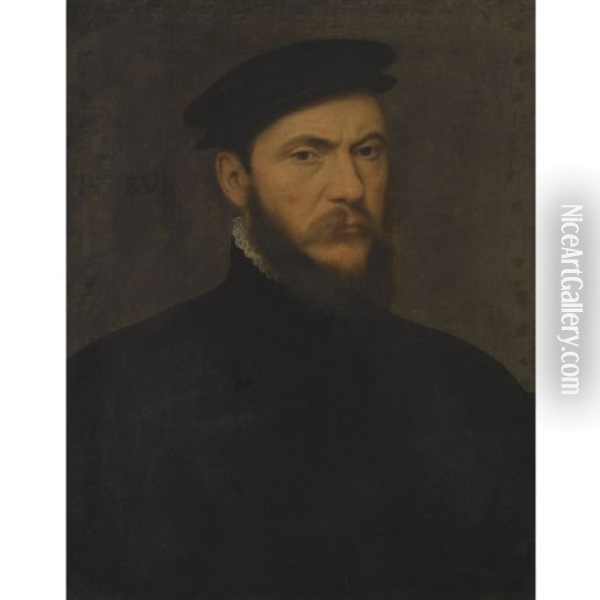 Portrait Of A Bearded Gentleman, Half Length, Wearing A Black Shirt And Black Hat Oil Painting - Antonis Mor Van Dashorst