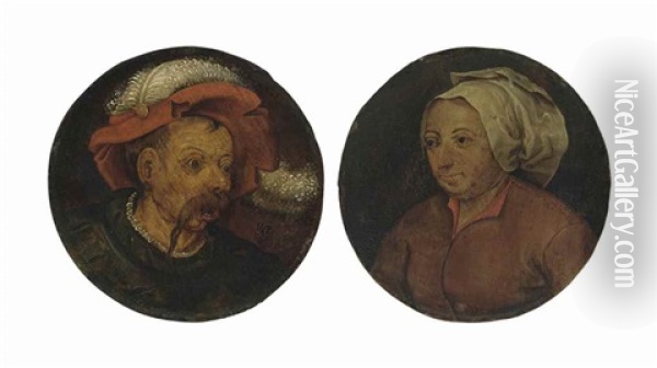 Head Of A Landsknecht; And Head Of A Woman (pair) Oil Painting - Pieter Brueghel the Younger