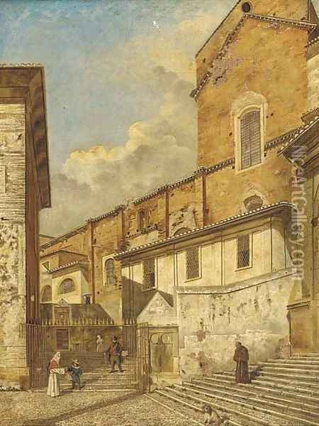 A Church exterior with a Franciscan monk and other figures Oil Painting - Follower of Canaletto, Antonio