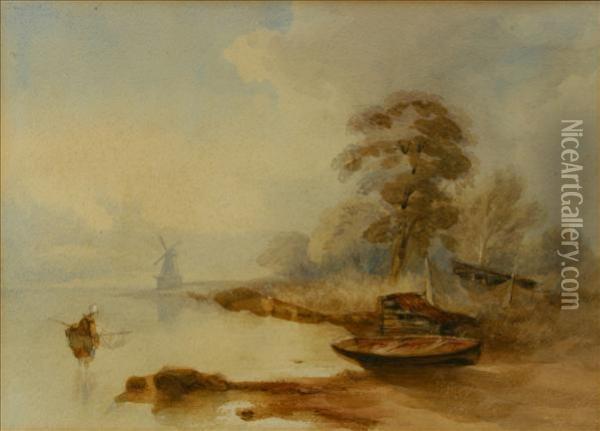 Boats By A Lake, Suffolk Oil Painting - Daniel Thomas Egerton