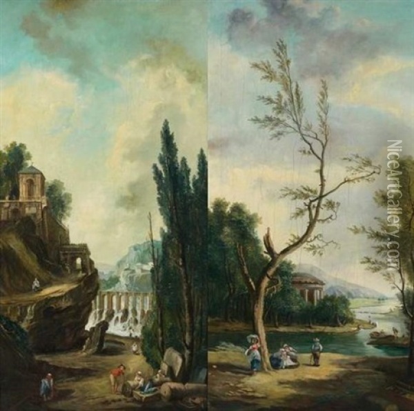 Caprices Architecturaux Animes (pair) Oil Painting - Hubert Robert
