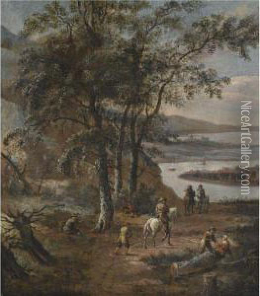 A Northern Wooded River Landscape With Travellers On A Path Oil Painting - Dionys Verburgh