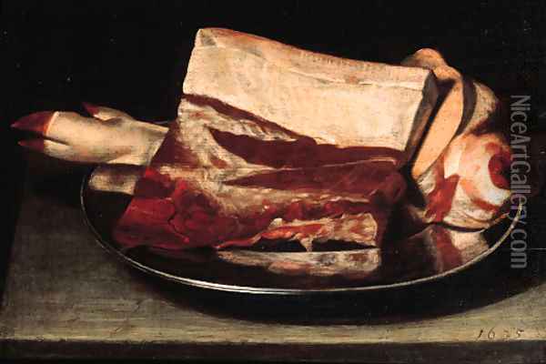 A leg of pork and a slice of meat on a pewter plate on a table Oil Painting - Johann Michael Hambach