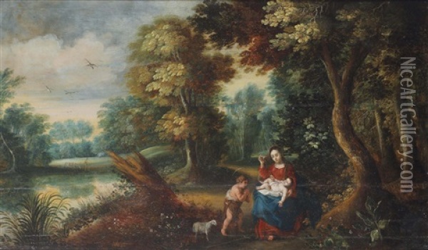 A Wooded Landscape With Mary And Child With The Infant Saint John The Baptist Oil Painting - Abraham Govaerts
