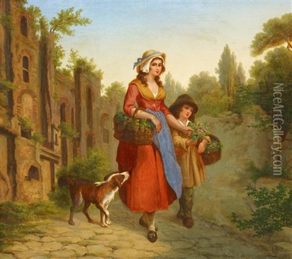Mutter Mit Ihrem Sohn Mit Blumenkorben Vor Antiken Romischen Ruinen Oil Painting - Clemens Von Zimmermann