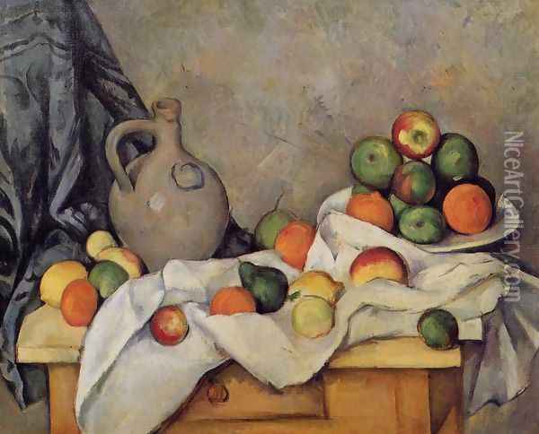 Curtain Jug And Fruit Oil Painting - Paul Cezanne