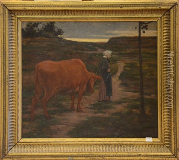 Scene De Campagne Avec Vache Oil Painting - Frans Van Leemputten