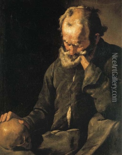 A Bearded Old Man Holding A Skull Oil Painting -  Master of the Annunciation to the Shepherds