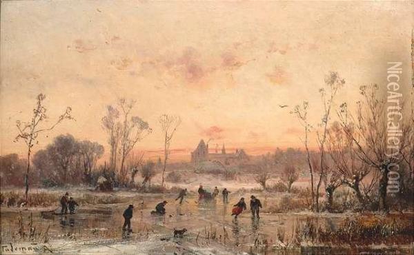 Stademann, Adolf. Sunset At A Frozen Lake With Skaters Oil Painting - Adolf Stademann
