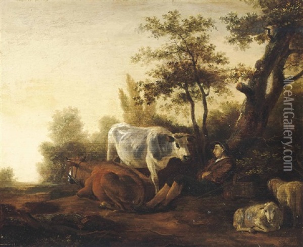 A Wooded Landscape With A Shepherd At Rest With His Livestock Oil Painting - Adam Pynacker