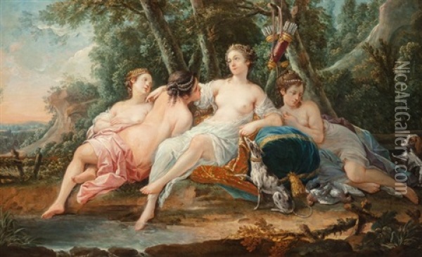 Diana With Her Nymphs Resting After The Hunt Oil Painting - Pierre Jollain