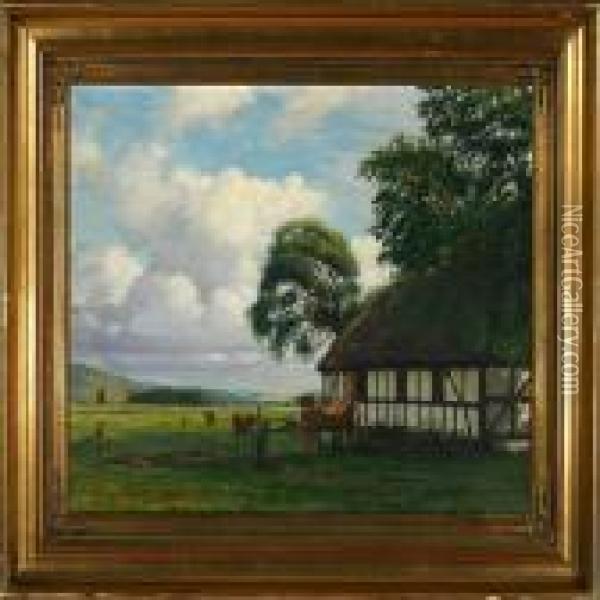 Summer Landscape With Grazing Cattle At A Farm. Signed And Dated Sigvard Hansen 1924 Oil Painting - Sigvard Hansen