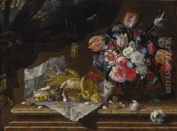 Still Life Of A Vase Of Flowers And Sweets Oil Painting - Giuseppe Recco